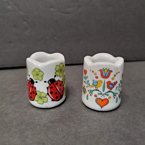 Vintage Funny Design Mini Taper Candle Holders Ladybug Birds Hearts West Germany - Picture 1 of 6
